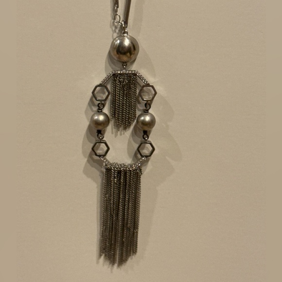 Rachel Zoe Silver Long Statement Pendant Necklace • 26” • Hammered Metal Fringe - Picture 3 of 4